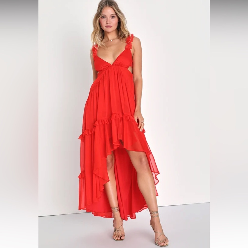 - Lulu’s Always A Dreamer Red Chiffon Tiered High-Low Dress Sz: M